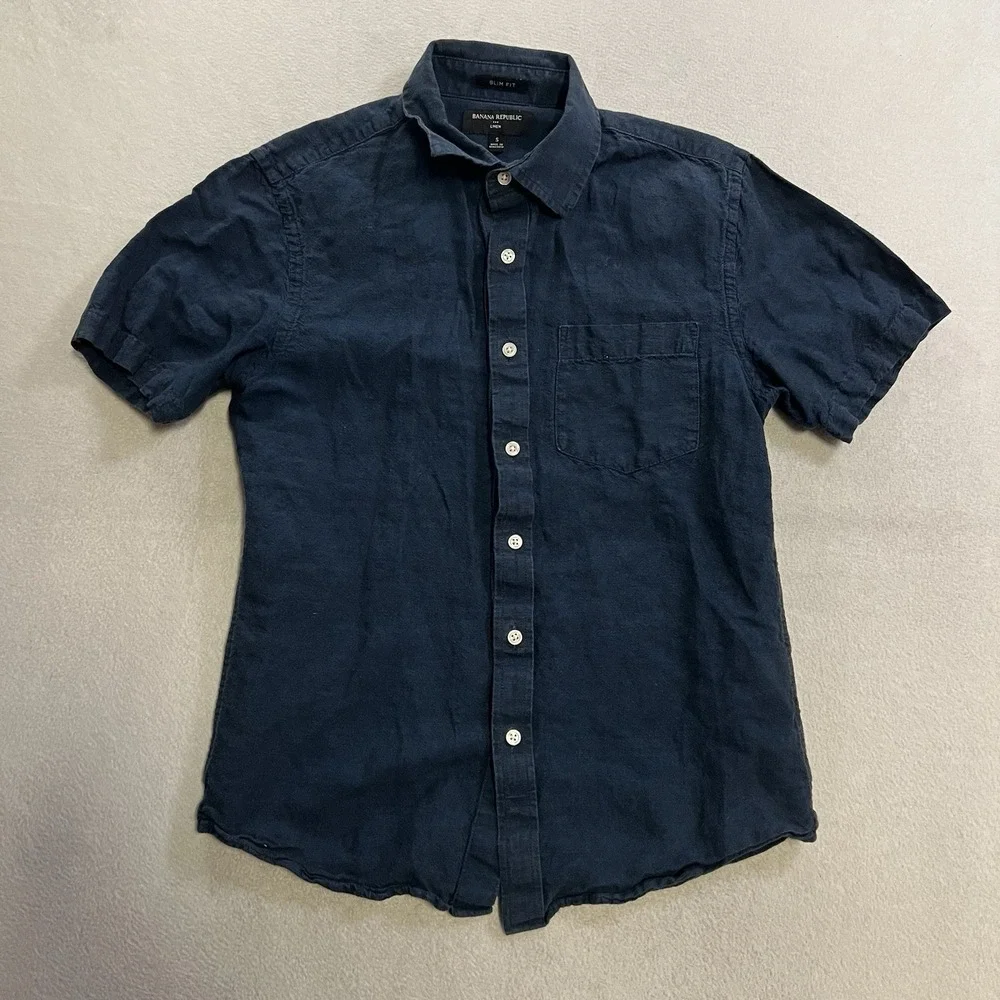 Banana Republic Shirt Men's Size Small Slim Fit Blue Linen Blend Short Sleeve